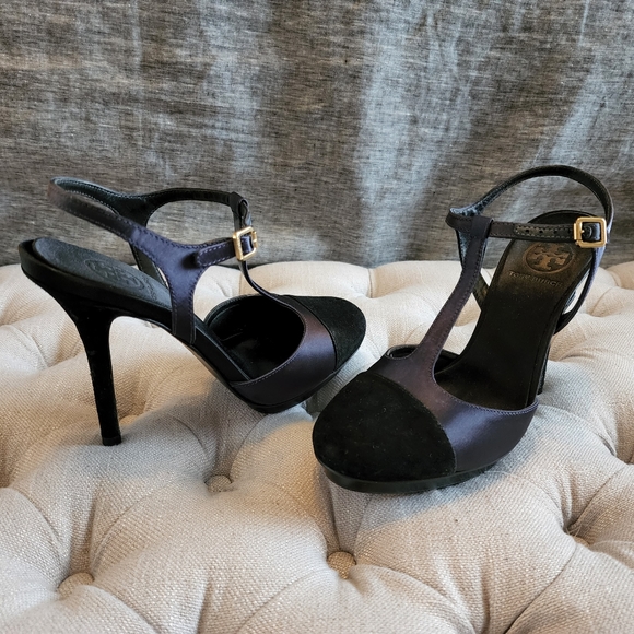 Tory Burch Navy Satin and Suede T-Strap Heels - Picture 3 of 8